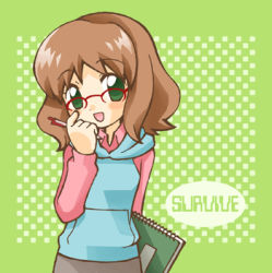 00s brown_hair glasses green_eyes lowres mujin_wakusei_survive sharla