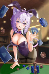Rule 34 | 1girl, absurdres, ahoge, animal ear fluff, animal ears, black pantyhose, blush, bow, bowtie, breasts, card, casino, cat ears, cat girl, cat tail, cleavage, crossed bangs, detached collar, fake animal ears, fang, grin, hair between eyes, highres, hololive, indoors, large breasts, leotard, lips, looking at viewer, nekomata okayu, pantyhose, playboy bunny, playing card, poker chip, purple eyes, purple hair, purple leotard, rabbit ears, short hair, smile, solo, strapless, strapless leotard, tail, teeth, thighband pantyhose, torakichi 888, virtual youtuber, wrist cuffs