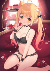 Rule 34 | 1girl, :q, ahoge, animal ear fluff, animal ears, bare arms, bare legs, bare shoulders, between legs, black bra, black choker, black panties, blonde hair, bra, breasts, cat ears, choker, couch, ear piercing, extra ears, flower, food, frilled bra, frilled panties, frills, fruit, gradient hair, hand between legs, highres, holding, holding food, holding fruit, hololive, indoors, light blush, long hair, looking at viewer, medium breasts, multicolored hair, nail polish, navel, nyasunyadoora, on couch, panties, piercing, pink hair, red hair, sitting, solo, stomach, strawberry, thigh strap, tiered tray, tongue, tongue out, twintails, underwear, underwear only, virtual youtuber, wariza, white flower, wrist cuffs, yellow eyes, yozora mel