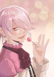 Rule 34 | 1boy, ascot, blurry, bokeh, candy, coat, depth of field, food, from side, hair over one eye, highres, lollipop, looking at viewer, male focus, norinyuen, off-shoulder coat, off shoulder, one eye covered, open mouth, pandora hearts, pink shirt, red eyes, shirt, white coat, white hair, xerxes break