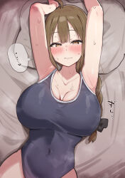 Rule 34 | ..., 1girl, ahoge, armpits, arms up, bed sheet, blue one-piece swimsuit, blush, braid, braided ponytail, breasts, brown hair, collarbone, covered navel, heart, highres, idolmaster, idolmaster shiny colors, kobinbin, kuwayama chiyuki, large breasts, looking at viewer, lying, on back, one-piece swimsuit, pillow, solo, spoken ellipsis, spoken heart, sweatdrop, swimsuit