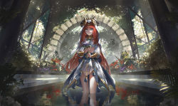 Rule 34 | 1girl, absurdres, aqua eyes, arch, blush, brooch, crop top, flower, genshin impact, harem outfit, highres, holding, holding flower, horns, jewelry, long hair, looking at viewer, nilou (genshin impact), parted lips, plant, red hair, reflection, reflective water, resolution mismatch, scenery, skirt, solo, source smaller, standing, thighs, twintails, veil, wading, water, zeklewa