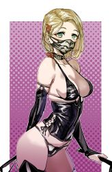 Rule 34 | 1girl, bare shoulders, bikini, black bikini, black thighhighs, blonde hair, blush, bow (bhp), breasts, bridal gauntlets, cleavage, collar, collarbone, corset, cowboy shot, dominatrix, earrings, garter straps, green eyes, hair ornament, holding, jewelry, large breasts, looking at viewer, mask, mouth mask, original, short hair, skindentation, solo, swimsuit, thighhighs