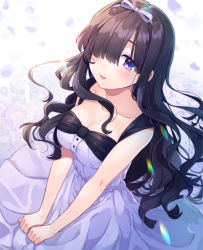 Rule 34 | 10s, 1girl, alternate costume, bare arms, bbbannooo, black hair, breasts, collarbone, comic girls, commentary request, dress, fuura suzu, hair over eyes, hair ribbon, long hair, looking at viewer, medium breasts, purple eyes, ribbon, smile, solo