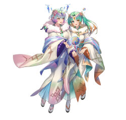 Rule 34 | 2girls, aqua eyes, attack, ball, breasts, bubble, crystal, fire emblem, fire emblem heroes, forehead jewel, green eyes, heidr (fire emblem), holding, holding ball, japanese clothes, kimono, large breasts, multiple girls, nintendo, official alternate costume, official art, sandals, seidr (fire emblem), tabi, third-party source, white background