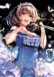 Rule 34 | 1girl, :d, absurdres, armlet, blue eyes, blue shirt, breasts, brown hair, chain, feather hair ornament, feathers, green eyes, grey skirt, hair ornament, heterochromia, highres, holding, holding microphone stand, idolmaster, idolmaster cinderella girls, layered skirt, medium breasts, microphone stand, miniskirt, mole, mole under eye, open mouth, piromizu, scan, shirt, short hair, skirt, smile, solo, sparkle, standing, takagaki kaede, white feathers