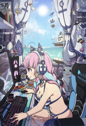 Rule 34 | 1girl, ahoge, anchor print, anchor symbol, animal ear headphones, animal ears, apex legends, bikini, blue bikini, blue hair, blue sky, book, braid, breasts, broom, can, cellphone, chair, cleavage, closed mouth, cloud, cloudy sky, commentary, commentary request, computer, crossed legs, cup ramen, curtains, day, desk, dongle e, english commentary, fake animal ears, french braid, front-tie bikini top, front-tie top, gaming chair, grey cat, halterneck, headphones, headset, highres, hololive, houshou marine, indoors, keyboard (computer), large breasts, loaded interior, long hair, minato aqua, minato aqua (hololive summer 2019), mixed-language commentary, monitor, mouse (computer), mousepad (object), multicolored hair, neko (minato aqua), official alternate costume, on chair, phone, pink hair, playing games, purple eyes, shark fin, shelf, ship, sitting, sky, smartphone, smile, solo, streaked hair, striped bikini, striped clothes, sun, swimsuit, swivel chair, teruterubouzu, twin braids, twintails, two-tone hair, unworn clothes, video game, virtual youtuber, water, watercraft, webcam, window