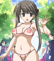 Rule 34 | 1boy, 6+girls, :d, aqua hair, artist request, black hair, blue dress, blue sky, breasts, brown hair, character request, copyright request, cropped legs, dress, green hair, large breasts, light brown hair, long twintails, looking at viewer, multiple girls, navel, nipples, open mouth, ponytail, purple eyes, purple hair, pussy, red dress, red hair, short hair, sky, solo focus, suit, tree, twintails, waving