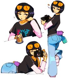 Rule 34 | 3amsoda, ass, atlus, belt pouch, black hair, black shirt, bob cut, bored, brown eyes, camera, closed eyes, cup, denim, drinking glass, highres, jeans, layered sleeves, long sleeves, looking at viewer, ohya ichiko, one eye closed, pants, persona, persona 5, pouch, print shirt, shirt, shoes, short hair, short over long sleeves, short sleeves, smile, sunglasses, sunglasses on head, white shirt