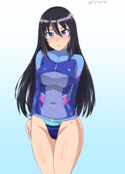 Rule 34 | 1girl, aoi misa, black hair, blue eyes, blush, bodysuit, breasts, cameltoe, closed mouth, collarbone, covered navel, dated, diving suit, female focus, gradient background, groin, highres, kandagawa jet girls, large breasts, long hair, looking at viewer, rururu ichigo, shiny clothes, shiny skin, simple background, solo, standing, swimsuit, wetsuit