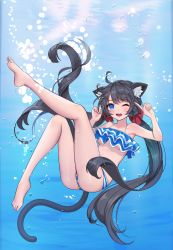 Rule 34 | 1girl, ;d, absurdres, ahoge, air bubble, animal ear fluff, animal ears, ass, bad id, bad pixiv id, bare arms, bare legs, bare shoulders, barefoot, bikini, bikini bottom only, black hair, blue bikini, blue eyes, bow, breasts, bubble, cat ears, cat girl, cat tail, commentary, commission, day, english commentary, fingernails, full body, hair bow, hands up, highres, index finger raised, knee up, leg up, long hair, medium breasts, one eye closed, open mouth, original, outdoors, red bow, round teeth, smile, soles, solo, striped bikini, striped bikini bottom, striped clothes, swimsuit, tail, teeth, twintails, underboob, underwater, upper teeth only, very long hair, water, whois