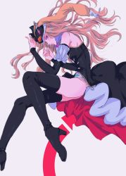 Rule 34 | 1girl, black dress, black footwear, black sleeves, blonde hair, boots, detached sleeves, dress, full body, grey background, hands up, high heel boots, high heels, highres, long hair, looking at viewer, mawaru penguindrum, najuco (naju0517), princess of the crystal, profile, purple eyes, simple background, solo, thigh boots, thighhighs