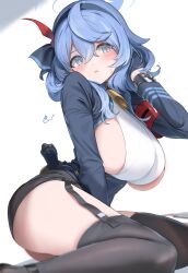 Rule 34 | 1girl, ako (blue archive), armband, bell, black skirt, black thighhighs, blue archive, blue eyes, blue hair, blue jacket, blush, breasts, ev (dai00888), garter straps, halo, hand in own hair, highres, holstered, jacket, large breasts, long sleeves, looking at viewer, miniskirt, neck bell, red armband, shirt, sideboob, signature, skirt, solo, sweatdrop, tagme, thighhighs, white shirt