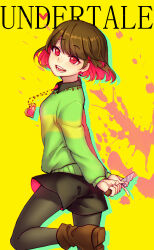 Rule 34 | 1other, :d, arms behind back, black pantyhose, black shirt, black shorts, black undershirt, blood, blood splatter, bob cut, boots, breasts, brown footwear, brown hair, chara (undertale), chinese commentary, collared shirt, colored inner hair, commentary, constricted pupils, copyright name, drop shadow, eyelashes, floating hair, floating neckwear, foot out of frame, foot up, from side, green sweater, hair spread out, heart, heart necklace, heart pendant, highres, holding, holding knife, holding weapon, index finger raised, jewelry, kayiiin, knife, layered shirt, long sleeves, looking at viewer, looking to the side, multicolored hair, necklace, open mouth, own hands together, pantyhose, pendant, raised eyebrows, red eyes, red shorts, shirt, short hair, shorts, small breasts, smile, solo, standing, standing on one leg, sweater, teeth, two-handed, two-sided fabric, two-tone shorts, undertale, v arms, weapon, yellow background