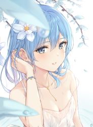 Rule 34 | 1girl, alternate costume, alternate hairstyle, arm at side, bare arms, bare shoulders, blue eyes, blue hair, blurry, blurry foreground, blush, bracelet, breasts, camisole, cleavage, collarbone, earrings, envyvanity, eyelashes, flower, hair between eyes, hair flower, hair ornament, tucking hair, hand in own hair, hand up, hololive, hoshimachi suisei, jewelry, long hair, looking at viewer, necklace, parted lips, sidelocks, simple background, sleeveless, small breasts, solo, spaghetti strap, star (symbol), star in eye, star necklace, strap slip, stud earrings, symbol in eye, teeth, upper body, virtual youtuber, water, water drop, white background, white camisole, white flower