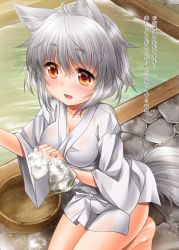 Rule 34 | 1girl, animal ears, bathroom, breasts, cleavage, collarbone, inubashiri momiji, japanese clothes, kei kei, kimono, kneeling, large breasts, open mouth, red eyes, sash, silver hair, smile, solo, tail, touhou, translation request, wash cloth, wolf ears, wolf tail, yukata