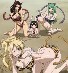 Rule 34 | 4girls, all fours, animal ears, animal print, asuka connell, bare shoulders, barefoot, bell, neck bell, bisca mulan, blonde hair, blue eyes, blush, breasts, brown hair, cana alberona, cat ears, cat tail, cleavage, collar, fairy tail, fur, green hair, highres, jenny realight, large breasts, leopard print, long hair, looking at viewer, mother and daughter, multiple girls, navel, one eye closed, open mouth, paw pose, screencap, smile, stitched, tail, tattoo, third-party edit
