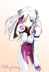Rule 34 | 1girl, albino, armored core, armored core 3, bent over, bodysuit, from software, leaning forward, non-web source, one eye closed, purple bodysuit, red eyes, salute, samhyon lee, solo, twintails, white hair, wink