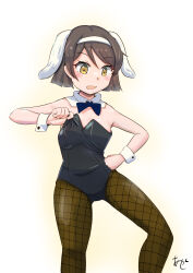 Rule 34 | 1girl, akashieru, alternate costume, animal ears, bare shoulders, black bow, black bowtie, black hair, black leotard, bow, bowtie, brown eyes, brown pantyhose, detached collar, feet out of frame, fishnet pantyhose, fishnets, floppy ears, hairband, highres, kantai collection, leotard, one-hour drawing challenge, oversized breast cup, pantyhose, playboy bunny, rabbit ears, short hair, simple background, solo, strapless, strapless leotard, tanikaze (kancolle), white background, white hairband, wrist cuffs