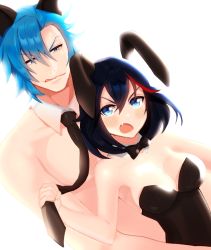 Rule 34 | 10s, 1boy, 1girl, animal ears, black hair, blue eyes, blue hair, bow, bowtie, breasts, cleavage, detached collar, fake animal ears, fang, kill la kill, leotard, licking lips, matoi ryuuko, mikisugi aikurou, mingou91, multicolored hair, necktie, playboy bunny, rabbit ears, short hair, strapless, streaked hair, tongue, tongue out, topless, topless male, transparent background
