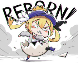 Rule 34 | 1girl, angry, blank eyes, blonde hair, blush stickers, broken egg, cracked egg, cracked shell, dokibird (vtuber), eggshell, grey jacket, hat, highres, indie virtual youtuber, jacket, long hair, solo, tubslab, twintails, virtual youtuber, white background, yellow bird