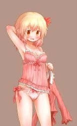 Rule 34 | 1girl, aki shizuha, arinu, arm up, armpits, blonde hair, blush, bow, bow panties, brown background, cameltoe, camisole, cowboy shot, dress, hair ornament, highres, lace, lace-trimmed panties, lace trim, leaf hair ornament, lingerie, open mouth, panties, pink panties, unworn shirt, short hair, simple background, sleepwear, smile, solo, touhou, underwear