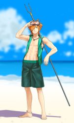 Rule 34 | 1boy, abs, absurdres, adjusting eyewear, anklet, bad id, bad pixiv id, bare pectorals, barefoot, bident, blue sky, day, diving mask, diving mask on head, fate/grand order, fate (series), full body, goggles, goggles on head, green eyes, green male swimwear, green swim trunks, hair over one eye, highres, holding, holding weapon, jewelry, male focus, male swimwear, navel, open clothes, open shirt, open vest, pectorals, polearm, robin hood (fate), shadow, sky, sleeveless, solo, standing, swim trunks, swimsuit, toned, toned male, vest, weapon