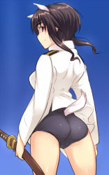 Rule 34 | 1girl, animal ears, ass, brown eyes, brown hair, em (totsuzen no hakike), military, military uniform, scabbard, school swimsuit, sheath, short hair, smile, strike witches, strike witches: kurenai no majo-tachi, swimsuit, swimsuit under clothes, sword, tail, takei junko, uniform, weapon, world witches series