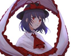 Rule 34 | 1girl, black hat, bow, capelet, frilled capelet, frilled shawl, frilled sleeves, frills, hagoromo, hat, hat bow, hat ribbon, highres, long sleeves, looking at viewer, nagae iku, purple hair, red bow, red eyes, red ribbon, ribbon, shawl, shirt, short hair, simple background, smile, solo, touhou, umeko 81, white background, white shirt