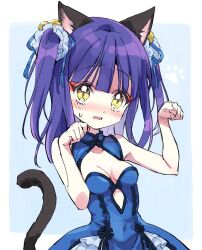 Rule 34 | 1girl, animal ears, bell, blue dress, blue hair, blush, breasts, cat ears, cat tail, cleavage, dress, hair bell, hair ornament, highres, jashin-chan dropkick, long hair, looking at viewer, medium breasts, no bra, official art, open mouth, paw pose, ran-ran, simple background, solo, tail, yellow eyes, yukiwo