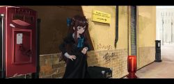 Rule 34 | 1girl, alley, arrow (symbol), black dress, blue bow, blue bowtie, bow, bowtie, brown hair, checking watch, dress, elisia valfelto, graffiti, hair bow, hair intakes, hand on own hip, italian text, juliet sleeves, lamppost, letterboxed, long hair, long sleeves, luicent, original, outdoors, parted lips, postbox (outgoing mail), puffy sleeves, sign, solo, suitcase, translated, watch, wristwatch