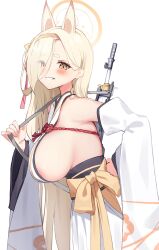 Rule 34 | 1girl, animal ears, areola slip, bare shoulders, bitseon, blonde hair, blue archive, blush, breasts, detached sleeves, fox ears, hair over one eye, hairband, hakama, halo, highres, holding, holding weapon, japanese clothes, kaho (blue archive), kimono, large breasts, long hair, looking at viewer, mole, mole under mouth, orange hairband, over shoulder, sideboob, simple background, sleeveless, sleeveless kimono, solo, thick eyebrows, weapon, weapon over shoulder, white background, white hakama, white kimono, wide sleeves, yellow eyes, yellow hairband, yellow halo
