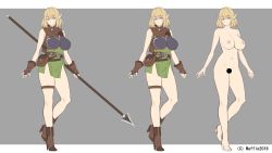 Rule 34 | 1girl, belt, blonde hair, breasts, censored, character design, character sheet, concept art, elf, gloves, hayama kazusa, highres, hood, huge breasts, large breasts, nude, pointy ears, polearm, short hair, spear, weapon