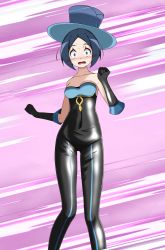 Rule 34 | 1girl, bare shoulders, battle chatelaine, black bodysuit, black gloves, blue hair, blue headwear, blush, bodysuit, breasts, cleavage, collarbone, covered navel, creatures (company), elbow gloves, evelyn (pokemon), game freak, gloves, highres, looking at viewer, nintendo, open mouth, parted bangs, pokemon, pokemon xy, purple background, scared, short hair, small breasts, solo, standing, strapless, tears, tsukishiro saika, wavy mouth