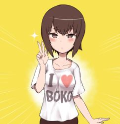 Rule 34 | 10s, 1girl, aomushi (mushamusha), blush, brown eyes, brown hair, closed mouth, clothes writing, commentary, emphasis lines, english text, female focus, girls und panzer, heart, highres, light frown, light rays, looking at viewer, nishizumi maho, shirt, short hair, short sleeves, solo, sparkle, standing, t-shirt, upper body, v, white shirt, yellow background
