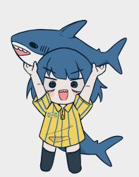 Rule 34 | 1girl, :d, absurdres, arms up, black eyes, black thighhighs, blue hair, blush stickers, collared shirt, deformed, ear piercing, fins, fish tail, full body, highres, holding, holding stuffed toy, ikea shark, logo parody, looking at viewer, melonbread, no nose, no pants, open mouth, original, piercing, pinstripe pattern, pinstripe shirt, shark tail, sharp teeth, shirt, short hair, short sleeves, simple background, smile, solo, stuffed animal, stuffed shark, stuffed toy, tail, teeth, thighhighs, v-shaped eyebrows, white background, yellow shirt, zettai ryouiki