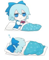 Rule 34 | bed, blue bow, blue dress, blue eyes, bow, chest bow, chibi, cirno, dress, fumo (doll), hair bow, highres, light blush, light frown, looking at viewer, on bed, pillow, rei (tonbo0430), sleeping, smile, tagme, touhou, under covers, white background, zzz