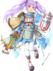 Rule 34 | &gt;:d, 1girl, :d, arrow (projectile), bowgun, emerane, full body, holding, holding arrow, holding weapon, long hair, open mouth, oshiro project:re, oshiro project:re, purple hair, red eyes, smile, solo, taga (oshiro project), thighhighs, transparent background, twintails, v-shaped eyebrows, very long hair, weapon, white thighhighs