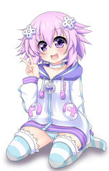 Rule 34 | 10s, 1girl, :d, artist request, blush, choker, d-pad, d-pad hair ornament, feet, flat chest, hair ornament, highres, hood, hooded track jacket, jacket, neptune (neptunia), neptune (series), no shoes, open mouth, panties, pantyshot, parka, purple eyes, purple hair, short hair, simple background, smile, solo, striped clothes, striped panties, striped thighhighs, thighhighs, track jacket, underwear, v, white background