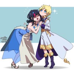 Rule 34 | 1boy, 1girl, ariamikukanzaki, bare shoulders, belt, black hair, blonde hair, blue background, blue eyes, blue footwear, blue ribbon, blush, boots, breasts, cleavage, closed eyes, closed mouth, coat, collarbone, dancing, detached leggings, dress, fate/grand order, fate/requiem, fate (series), flying sweatdrops, fundoshi, height difference, high heels, holding hands, japanese clothes, jewelry, large breasts, leaning forward, long sleeves, looking at viewer, magatama, magatama hair ornament, medium hair, multicolored hair, necklace, open clothes, open coat, open mouth, parted bangs, pink hair, polearm, ribbon, short hair, sideless outfit, sleeveless, sleeveless dress, smile, sparkle, spear, spiked hair, star (symbol), streaked hair, tiptoes, trembling, utsumi erice, voyager (fate), voyager (second ascension) (fate), weapon, white coat, white dress, white legwear