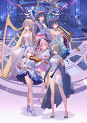 Rule 34 | 6+girls, ainy, alternate costume, animal ears, armpits, beret, black hair, black wings, blue archive, blue dress, blue halo, blue headwear, blurry, blurry background, blush, bow, bow (music), breasts, clarinet, cleavage, closed mouth, collarbone, commentary, dress, drum, elbow gloves, fake animal ears, feathered wings, feet out of frame, fingernails, flute, gloves, green eyes, green hair, green halo, grey eyes, grey hair, hair between eyes, hair bow, hair over one eye, halo, hat, head wings, highres, holding, holding flute, holding instrument, instrument, koharu (blue archive), large breasts, long hair, long sleeves, looking at viewer, low twintails, low wings, medium breasts, mina (blue archive), minori (blue archive), miyako (blue archive), multiple girls, nagisa (blue archive), neckerchief, open mouth, pink dress, pink eyes, pink hair, pink halo, purple dress, purple eyes, rabbit ears, red bow, red eyes, red neckerchief, sailor collar, saki (blue archive), shirt, short hair, short sleeves, side ponytail, sideboob, sleeveless, sleeveless dress, small breasts, smile, standing, trombone, twintails, twitter username, violin, white dress, white gloves, white headwear, white sailor collar, white shirt, winged halo, wings