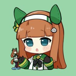 Rule 34 | 1girl, :o, animal ears, black bow, black gloves, black pantyhose, blue eyes, blush stickers, bow, brown hair, chibi, commentary, cropped torso, figure, gloves, green background, hairband, highres, horse ears, horse girl, horse tail, jacket, layered sleeves, long hair, long sleeves, nozo (hitomiz), pantyhose, parted lips, pleated skirt, puffy short sleeves, puffy sleeves, short over long sleeves, short sleeves, silence suzuka (umamusume), simple background, skirt, solo, tail, umamusume, upper body, very long hair, white hairband, white jacket, white skirt