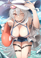 Rule 34 | 1girl, absurdres, adjusting clothes, adjusting headwear, ahoge, arknights, bare shoulders, black shorts, breasts, carrying, carrying under arm, cleavage, commentary, eyewear on head, hat, highres, inflatable orca, inflatable toy, large breasts, long hair, midknight 777 (henthaisan), ocean, official alternate costume, one eye closed, outdoors, red eyes, sandals, short shorts, shorts, skadi (arknights), skadi (waverider) (arknights), sun hat, sunglasses, swimsuit, thigh strap, thighs, very long hair, white hair, white headwear