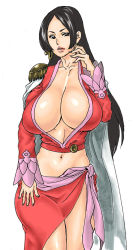 Rule 34 | 1girl, 66head, amazon lily, amazon warrior, black eyes, black hair, boa hancock, breasts, cape, cleavage, earrings, female focus, huge breasts, jewelry, long hair, midriff, one piece, simple background, snake earrings, solo, white background