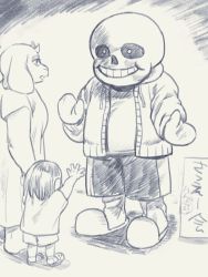 Rule 34 | 1girl, 2others, bob cut, child, cosplay, crocs, frisk (undertale), furry, furry female, greyscale, holding hands, mascot costume, mittens, monochrome, multiple others, nintendo, sans (cosplay), sans (undertale), shirt, shorts, slippers, super smash bros., t-shirt, toriel, undertale, waving