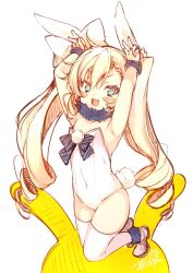 Rule 34 | 1girl, :3, animal ears, armpits, arms up, bare shoulders, blonde hair, blue eyes, bow, covered navel, curly hair, fake animal ears, full body, hair bow, leotard, long hair, mayusaki yuu, open mouth, original, playboy bunny, rabbit ears, rabbit girl, rabbit pose, rabbit tail, ribbon, shoes, simple background, smile, solo, strapless, strapless leotard, tail, thighhighs, twintails, white background, white footwear, white leotard, white thighhighs
