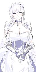 Rule 34 | 1girl, apron, azur lane, belfast (azur lane), braid, breasts, chain, choker, cleavage, collarbone, detached sleeves, dress, french braid, frilled apron, frilled dress, frilled gloves, frills, gauntlets, gloves, highres, large breasts, long hair, looking at viewer, low neckline, maid, maid apron, maid headdress, mogi yasunobu, purple eyes, simple background, solo, swept bangs, white background, white hair