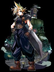 Rule 34 | 1boy, armor, baggy pants, black background, blonde hair, blue eyes, bn 241, boots, brown footwear, building, buster sword, closed mouth, cloud strife, final fantasy, final fantasy vii, full body, gloves, hair between eyes, hand on own hip, highres, huge weapon, looking at viewer, male focus, pants, ribbed sweater, short hair, shoulder armor, single sidelock, sleeveless, sleeveless turtleneck, solo, spiked hair, standing, suspenders, sweater, sword, turtleneck, turtleneck sweater, weapon, weapon on back