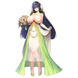 Rule 34 | 1girl, blue eyes, bouquet, breasts, bride, circlet, cleavage, dress, elbow gloves, flower, full body, game cg, gloves, hair between eyes, hair flower, hair ornament, high heels, highres, huge breasts, last origin, long hair, looking at viewer, mole, mole under eye, no panties, oberonia rhea, official art, see-through, smile, snowball22, solo, tachi-e, transparent background, very long hair, wedding dress, white gloves