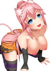 Rule 34 | 1girl, :d, all fours, animal ears, ayase tamaki, bad id, bad nijie id, black gloves, blue eyes, breasts, cat ears, cat tail, dress, elbow gloves, gloves, hanging breasts, highres, kneeling, large breasts, long hair, looking at viewer, nipples, open mouth, orange dress, orange skirt, original, pink hair, ponytail, puffy nipples, simple background, skirt, smile, solo, striped clothes, striped thighhighs, tail, thighhighs, white background, zettai ryouiki